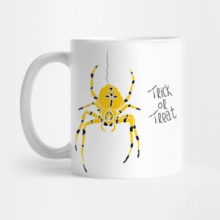 yellow spider with black stripes and trick or treat typography Mug